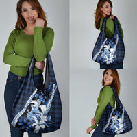 Hawaii Ukulele Grocery Bag Tropical Flowers With Palaka Effect Blue Version - Polynesian Pride