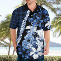 Hawaii Ukulele Hawaiian Shirt Tropical Flowers With Palaka Effect Blue Version - Polynesian Pride