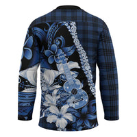 Hawaii Ukulele Hockey Jersey Tropical Flowers With Palaka Effect Blue Version - Polynesian Pride