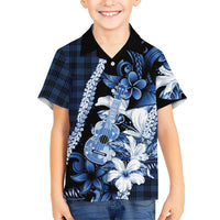 Hawaii Ukulele Kid Hawaiian Shirt Tropical Flowers With Palaka Effect Blue Version - Polynesian Pride