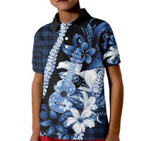 Hawaii Ukulele Kid Polo Shirt Tropical Flowers With Palaka Effect Blue Version - Polynesian Pride