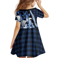 Hawaii Ukulele Kid Short Sleeve Dress Tropical Flowers With Palaka Effect Blue Version - Polynesian Pride