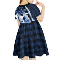 Hawaii Ukulele Kid Short Sleeve Dress Tropical Flowers With Palaka Effect Blue Version - Polynesian Pride