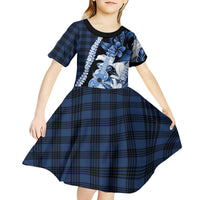 Hawaii Ukulele Kid Short Sleeve Dress Tropical Flowers With Palaka Effect Blue Version - Polynesian Pride