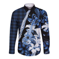 Hawaii Ukulele Long Sleeve Button Shirt Tropical Flowers With Palaka Effect Blue Version - Polynesian Pride