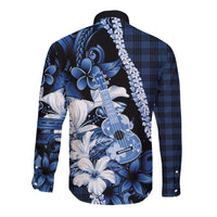 Hawaii Ukulele Long Sleeve Button Shirt Tropical Flowers With Palaka Effect Blue Version - Polynesian Pride