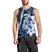 Hawaii Ukulele Men Tank Top Tropical Flowers With Palaka Effect Blue Version - Polynesian Pride