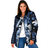 Hawaii Ukulele Padded Jacket Tropical Flowers With Palaka Effect Blue Version - Polynesian Pride