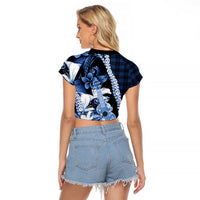 Hawaii Ukulele Raglan Cropped T Shirt Tropical Flowers With Palaka Effect Blue Version - Polynesian Pride