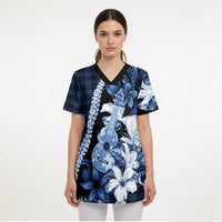 Hawaii Ukulele Scrub Top Tropical Flowers With Palaka Effect Blue Version - Polynesian Pride