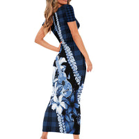 Hawaii Ukulele Short Sleeve Bodycon Dress Tropical Flowers With Palaka Effect Blue Version - Polynesian Pride