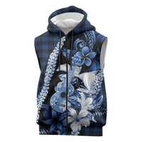 Hawaii Ukulele Sleeveless Zip Hoodie Tropical Flowers With Palaka Effect Blue Version - Polynesian Pride