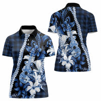 Hawaii Ukulele Women Polo Shirt Tropical Flowers With Palaka Effect Blue Version - Polynesian Pride
