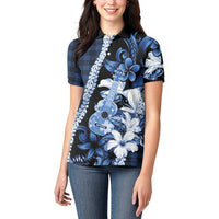 Hawaii Ukulele Women Polo Shirt Tropical Flowers With Palaka Effect Blue Version - Polynesian Pride