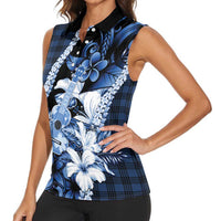 Hawaii Ukulele Women Sleeveless Polo Shirt Tropical Flowers With Palaka Effect Blue Version - Polynesian Pride