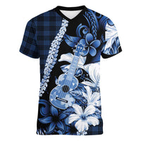 Hawaii Ukulele Women V-Neck T-Shirt Tropical Flowers With Palaka Effect Blue Version - Polynesian Pride