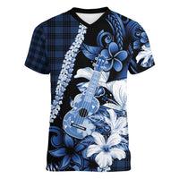 Hawaii Ukulele Women V-Neck T-Shirt Tropical Flowers With Palaka Effect Blue Version - Polynesian Pride