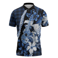 Hawaii Ukulele Zipper Polo Shirt Tropical Flowers With Palaka Effect Blue Version - Polynesian Pride