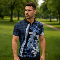 Hawaii Ukulele Zipper Polo Shirt Tropical Flowers With Palaka Effect Blue Version - Polynesian Pride
