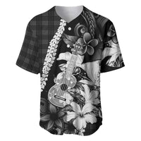 Hawaii Ukulele Baseball Jersey Tropical Flowers With Palaka Effect Black Version - Polynesian Pride
