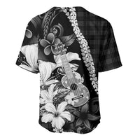 Hawaii Ukulele Baseball Jersey Tropical Flowers With Palaka Effect Black Version - Polynesian Pride