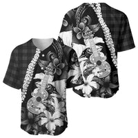 Hawaii Ukulele Baseball Jersey Tropical Flowers With Palaka Effect Black Version - Polynesian Pride