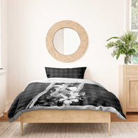 Hawaii Ukulele Bedding Set Tropical Flowers With Palaka Effect Black Version - Polynesian Pride