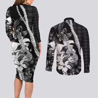 Hawaii Ukulele Couples Matching Long Sleeve Bodycon Dress and Long Sleeve Button Shirt Tropical Flowers With Palaka Effect Black Version - Polynesian Pride