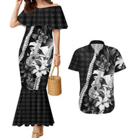 Hawaii Ukulele Couples Matching Mermaid Dress and Hawaiian Shirt Tropical Flowers With Palaka Effect Black Version - Polynesian Pride