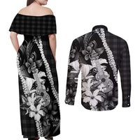 Hawaii Ukulele Couples Matching Off Shoulder Maxi Dress and Long Sleeve Button Shirt Tropical Flowers With Palaka Effect Black Version - Polynesian Pride