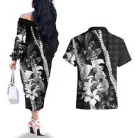 Hawaii Ukulele Couples Matching Off The Shoulder Long Sleeve Dress and Hawaiian Shirt Tropical Flowers With Palaka Effect Black Version - Polynesian Pride