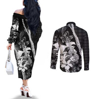 Hawaii Ukulele Couples Matching Off The Shoulder Long Sleeve Dress and Long Sleeve Button Shirt Tropical Flowers With Palaka Effect Black Version - Polynesian Pride