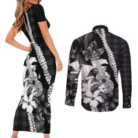 Hawaii Ukulele Couples Matching Short Sleeve Bodycon Dress and Long Sleeve Button Shirt Tropical Flowers With Palaka Effect Black Version - Polynesian Pride