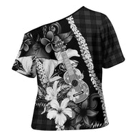 Hawaii Ukulele Cross Shoulder Shirt Tropical Flowers With Palaka Effect Black Version - Polynesian Pride