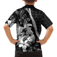 Hawaii Ukulele Family Matching Long Sleeve Bodycon Dress and Hawaiian Shirt Tropical Flowers With Palaka Effect Black Version - Polynesian Pride