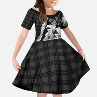 Hawaii Ukulele Family Matching Long Sleeve Bodycon Dress and Hawaiian Shirt Tropical Flowers With Palaka Effect Black Version - Polynesian Pride