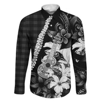 Hawaii Ukulele Family Matching Long Sleeve Bodycon Dress and Hawaiian Shirt Tropical Flowers With Palaka Effect Black Version - Polynesian Pride