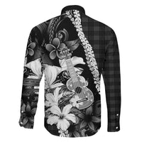 Hawaii Ukulele Family Matching Long Sleeve Bodycon Dress and Hawaiian Shirt Tropical Flowers With Palaka Effect Black Version - Polynesian Pride