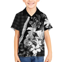 Hawaii Ukulele Family Matching Long Sleeve Bodycon Dress and Hawaiian Shirt Tropical Flowers With Palaka Effect Black Version - Polynesian Pride