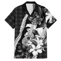 Hawaii Ukulele Family Matching Off The Shoulder Long Sleeve Dress and Hawaiian Shirt Tropical Flowers With Palaka Effect Black Version - Polynesian Pride