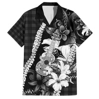 Hawaii Ukulele Family Matching Off Shoulder Maxi Dress and Hawaiian Shirt Tropical Flowers With Palaka Effect Black Version - Polynesian Pride