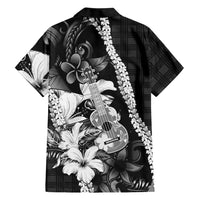 Hawaii Ukulele Family Matching Short Sleeve Bodycon Dress and Hawaiian Shirt Tropical Flowers With Palaka Effect Black Version - Polynesian Pride