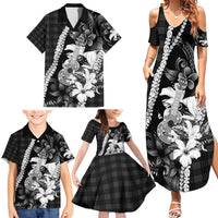 Hawaii Ukulele Family Matching Summer Maxi Dress and Hawaiian Shirt Tropical Flowers With Palaka Effect Black Version - Polynesian Pride