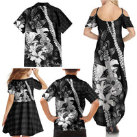 Hawaii Ukulele Family Matching Summer Maxi Dress and Hawaiian Shirt Tropical Flowers With Palaka Effect Black Version - Polynesian Pride
