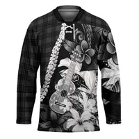 Hawaii Ukulele Hockey Jersey Tropical Flowers With Palaka Effect Black Version - Polynesian Pride