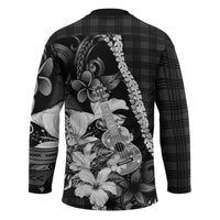 Hawaii Ukulele Hockey Jersey Tropical Flowers With Palaka Effect Black Version - Polynesian Pride