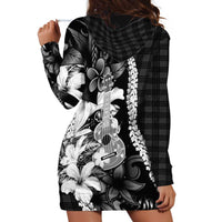 Hawaii Ukulele Hoodie Dress Tropical Flowers With Palaka Effect Black Version - Polynesian Pride