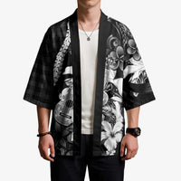 Hawaii Ukulele Kimono Tropical Flowers With Palaka Effect Black Version - Polynesian Pride