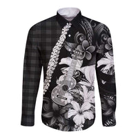 Hawaii Ukulele Long Sleeve Button Shirt Tropical Flowers With Palaka Effect Black Version - Polynesian Pride