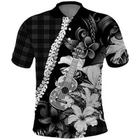 Hawaii Ukulele Polo Shirt Tropical Flowers With Palaka Effect Black Version - Polynesian Pride